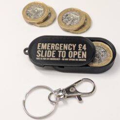 £4 Coin Holder Pill Box Sliding Click Lock Keyring Personalised Engraved Gift UK