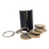 Spring loaded £10 coin dispenser keyring holder with £1-£10 scale, clip, keyring and stacked £1 coins